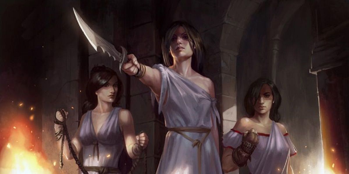 Three women stand guard with weapons and rope in DnD Judge and Jury puzzle