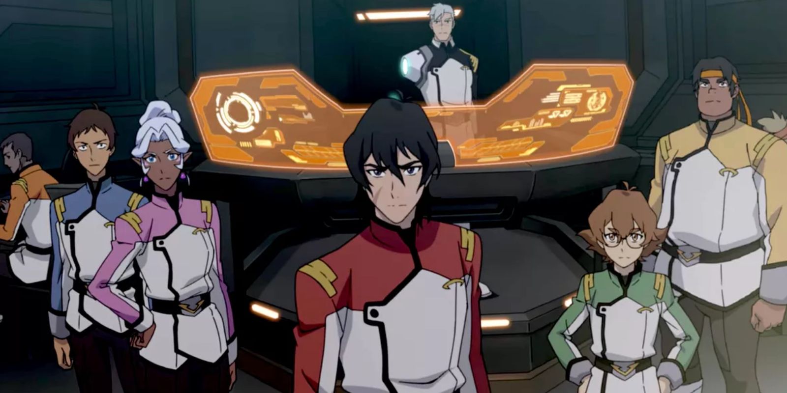 An image of Voltron: Legendary Defender's Paladins gathered in their ship's command center