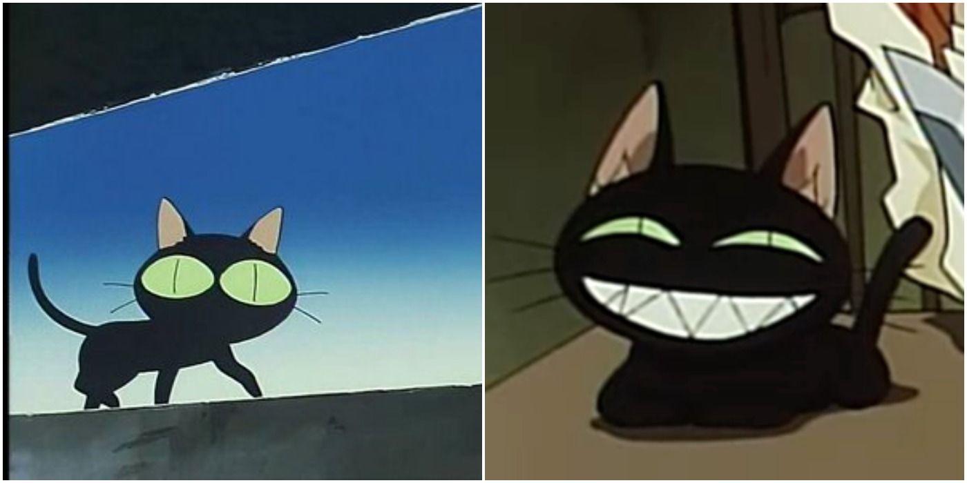 Side by side pictures of the black cat Kuroneko from the anime Trigun, with one cat sneaking and one with a large smile