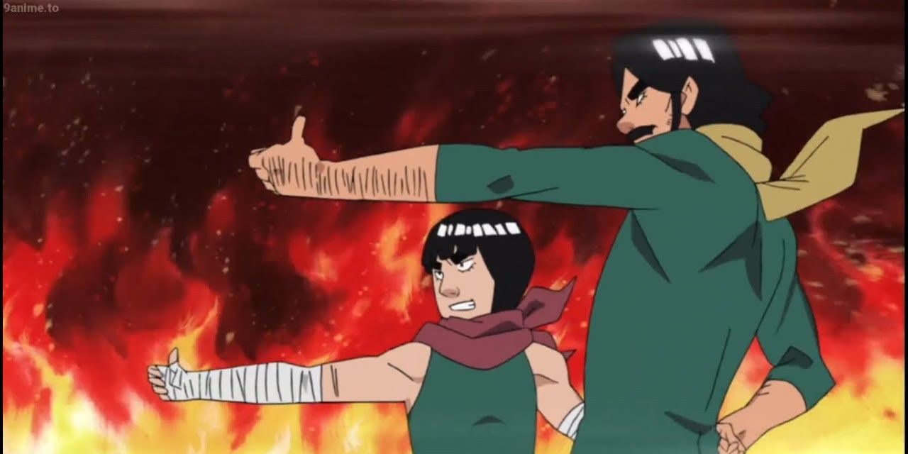 Might Dai giving a thumbs up with Might Guy in Naruto.