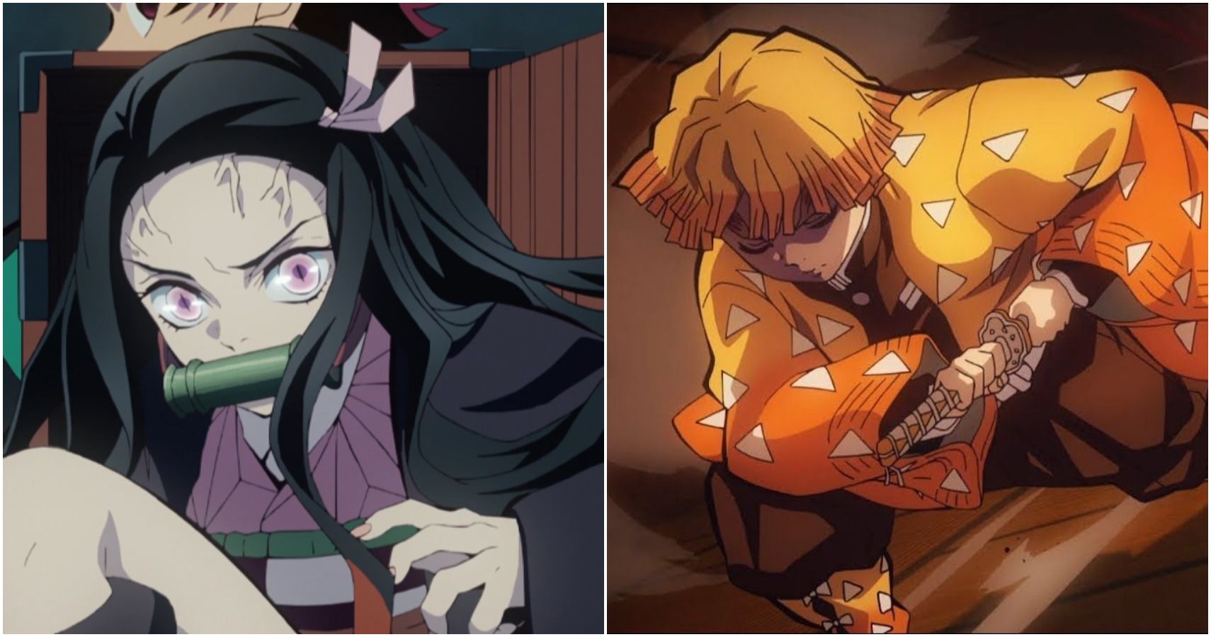 A split image of Nezuko and Zenitsu from Demon Slayer: Kimetsu no Yaiba