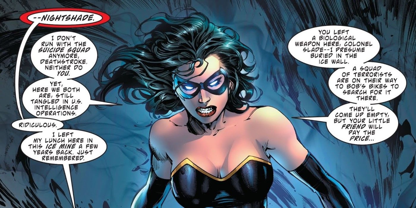 Nightshade talking and glaring in DC Comics.