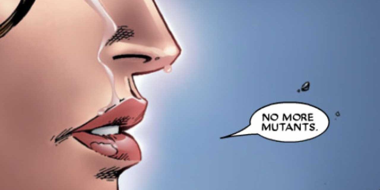 Scarlet Witch crying as she says "No More Mutants" and depowers the mutant race.