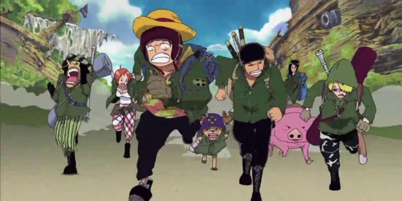 The Straw Hats Running Away In Green Coats