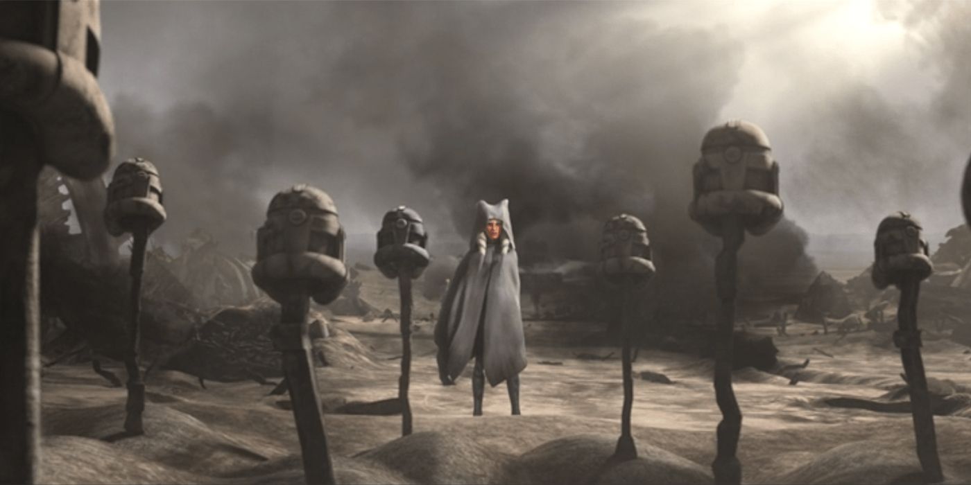 Ahsoka stands admist the graves of clones at the end of Star Wars: The Clone Wars