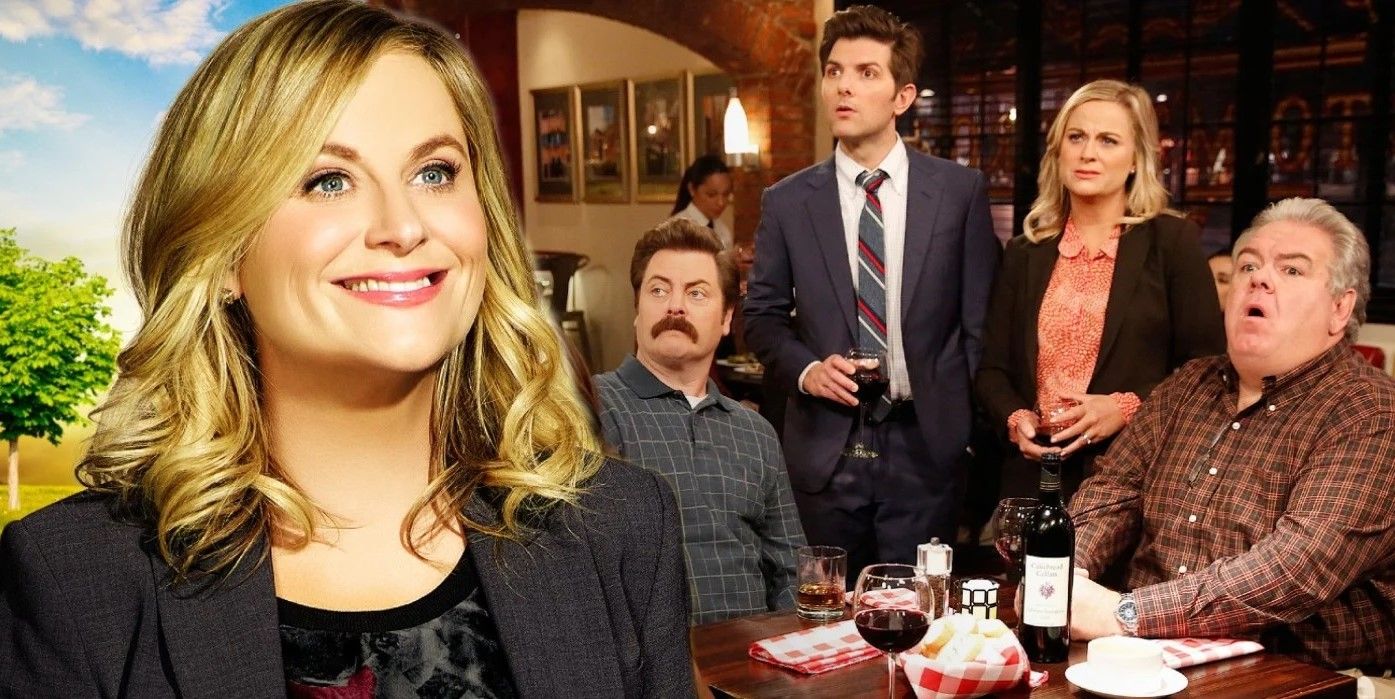 Parks & Rec Cast Photo – Leslie on left, Ron, Ben, Gerry, and Leslie on Right