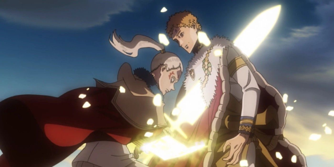 Patolli defeats Wizard King with a sword through his body in Black Clover