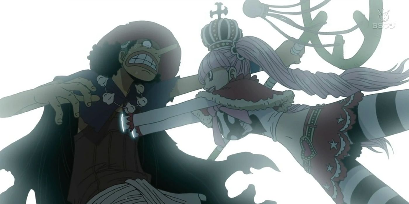 Perona attacks Usopp in One Piece's Thriller Bark Arc.