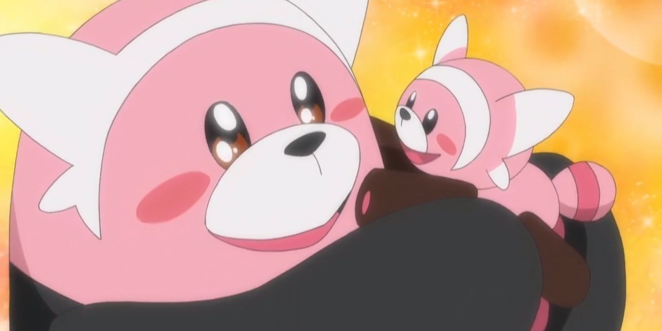 Bewear hugging Stufful in the Pokémon anime