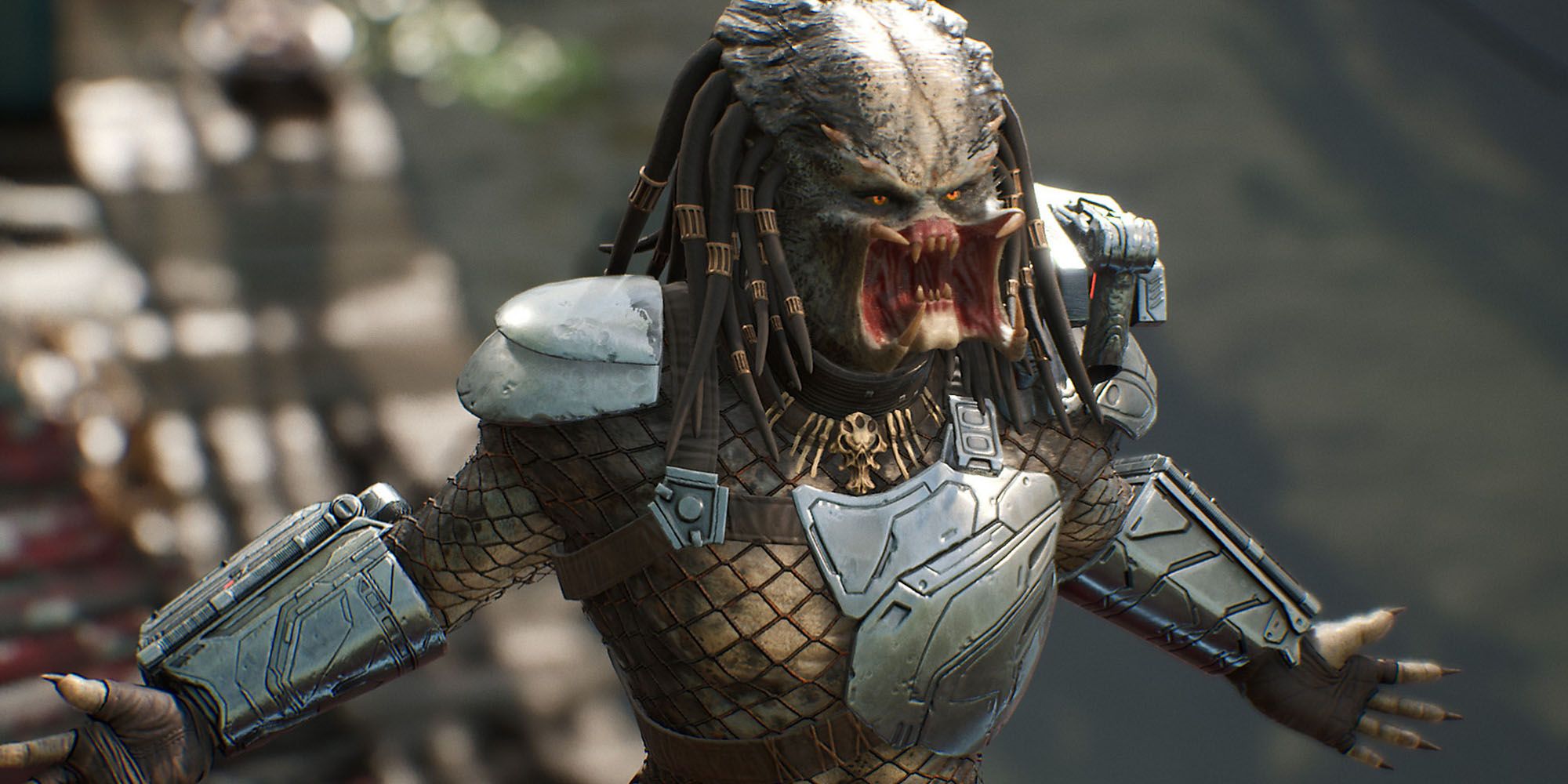 Uma imagem do Predator rugindo no jogo, Predator: Hunting Grounds