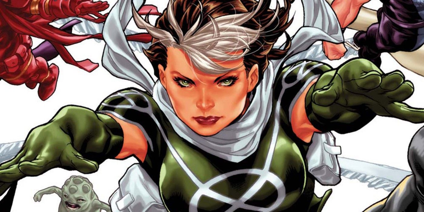 Rogue flying in front of the other X-Men