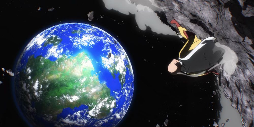 Saitama looks at earth from the moon in One-Punch Man