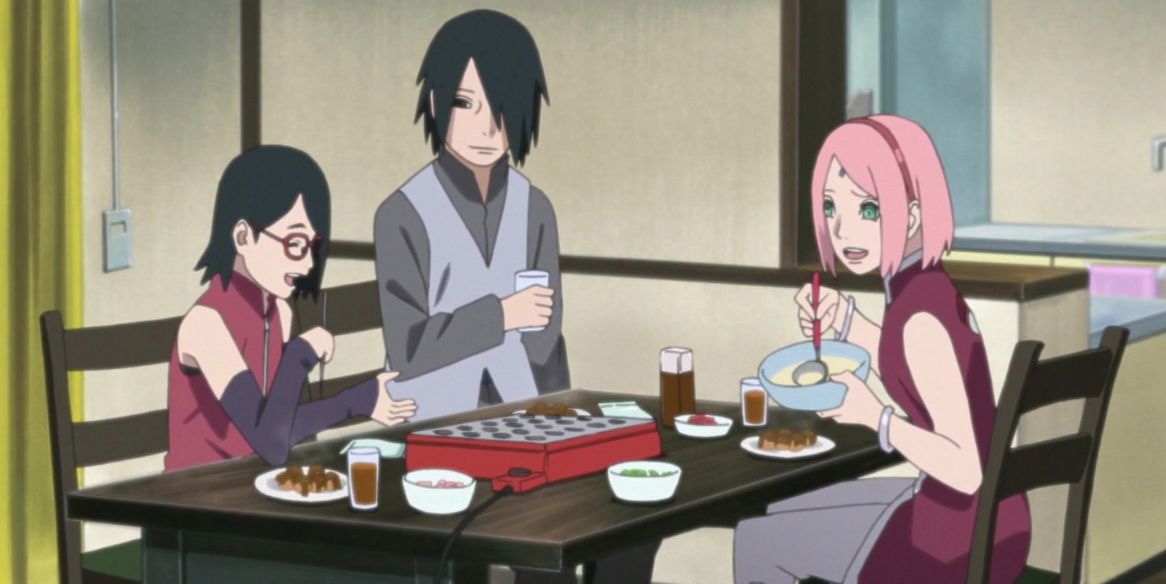 Sarada, Sasuke, and Sakura have a family dinner in Boruto