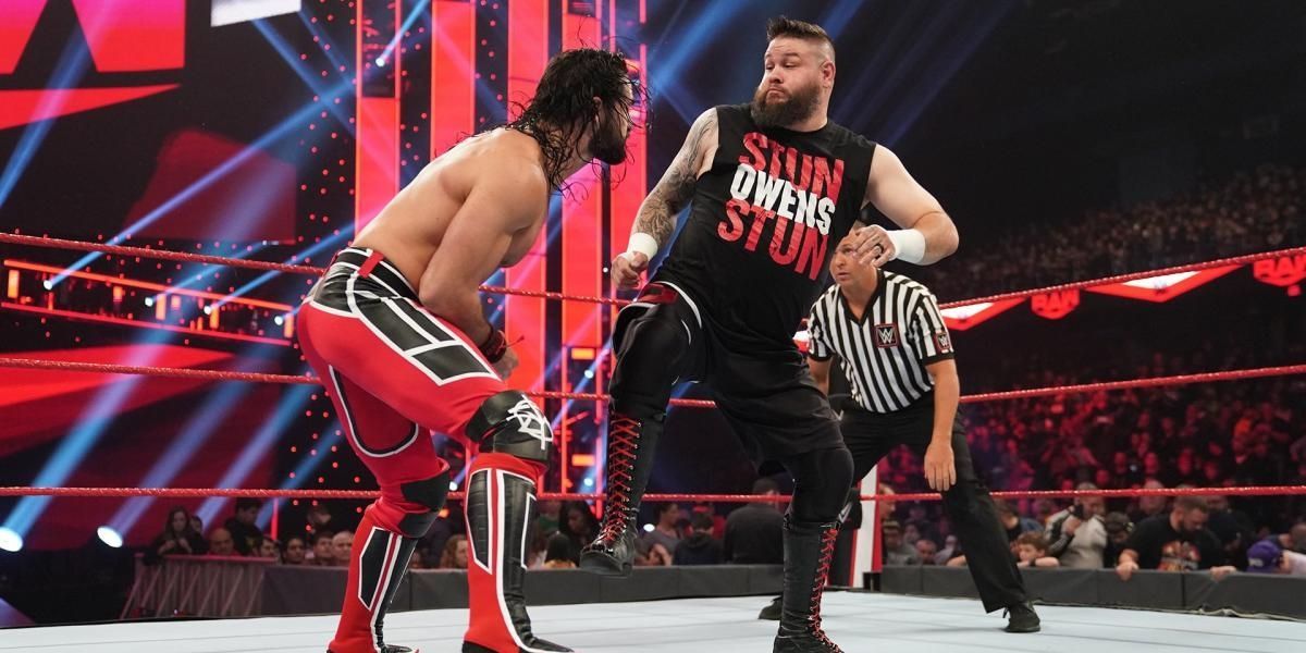 WWE Superstars Seth Rollins and Kevin Owens battle on Raw.