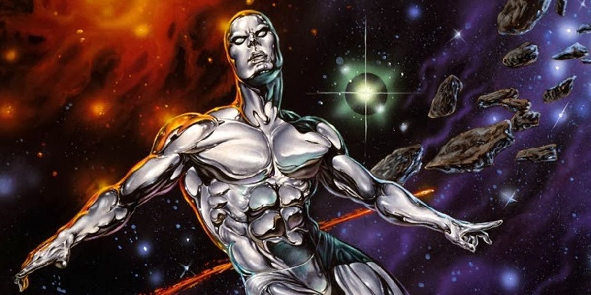 Silver Surfer flying in space