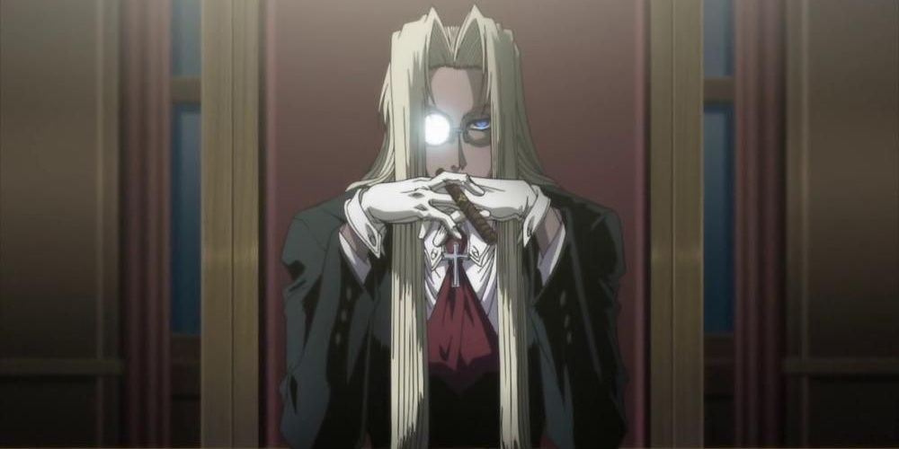 Sir Integra sitting calmly in Hellsing.