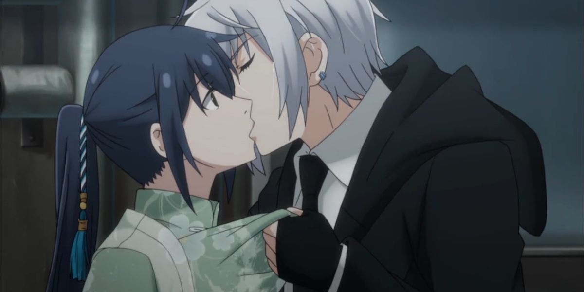 Tanmoku pulling a surprised Keika in for a kiss in Spiritpact