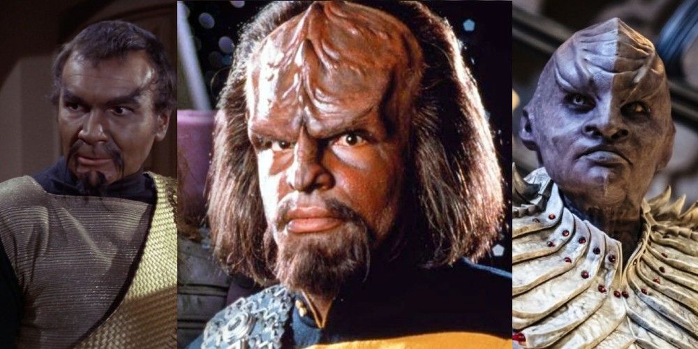 A split image of three different eras of Klingon in Star Trek.