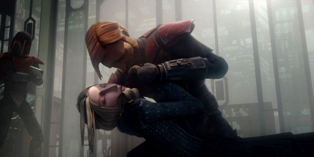 Duchess Satine dies in Obi-Wan Kenobi's arms in The Clone Wars.