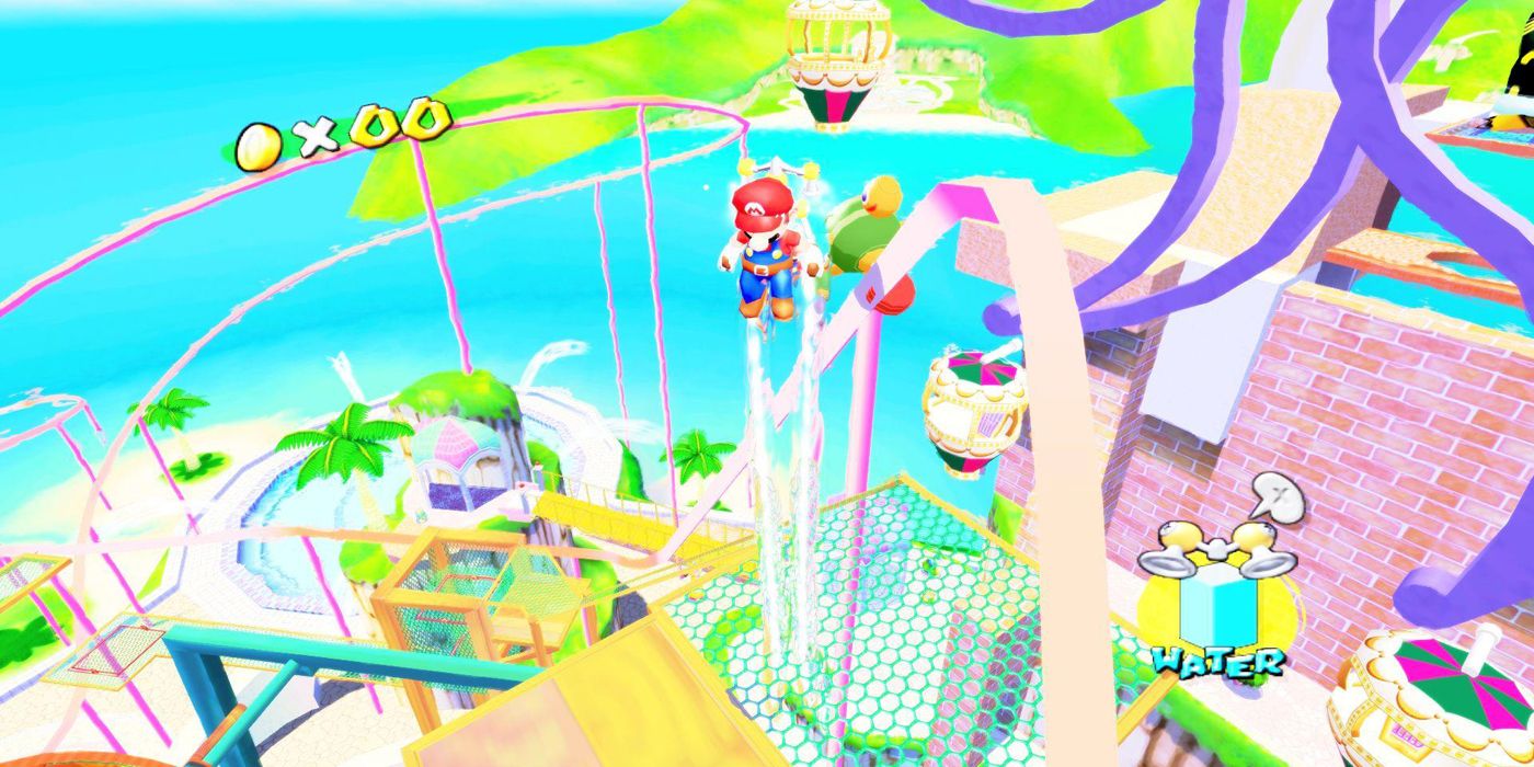 Mario uses FLUDD to travel through Pinna Park in Super Mario Sunshine