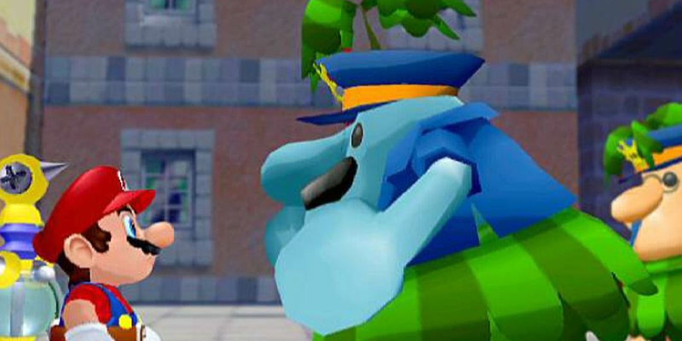 An Isle Delfino police officer talks to Mario in Super Mario Sunshine