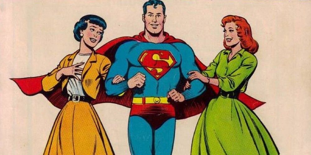 Superman walks with Lois Lane and Lana Lang