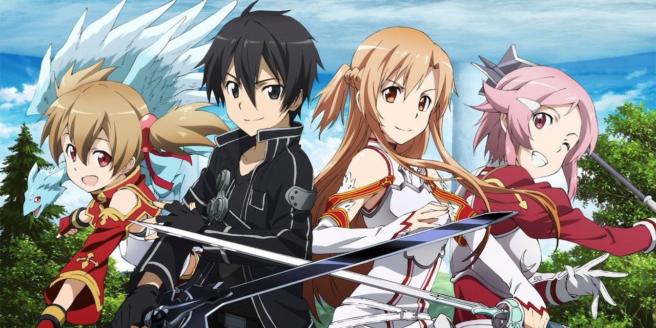 Kazuto and Asuna back to back with Silica on the left and Lisbeth on the right.