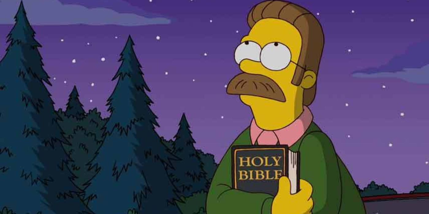 Ned Flanders holding the Holy Bible and looking upwards to the heavens.