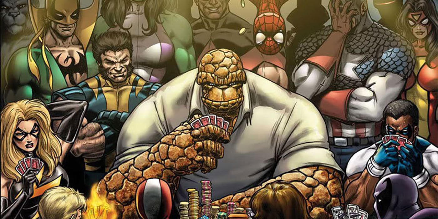 Thing playing poker with marvel heroes
