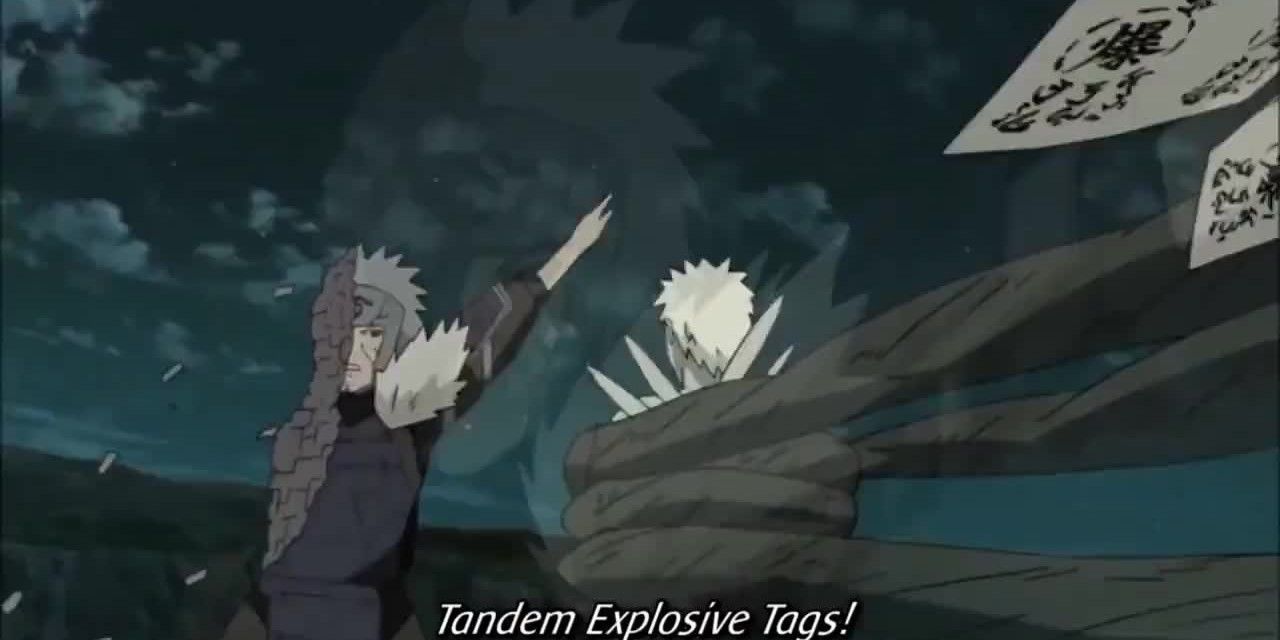 Tobirama using Multiplying Explosive Tags in Naruto.