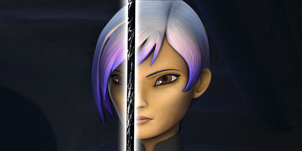 Sabine with the Darksaber held up to her face in Rebels