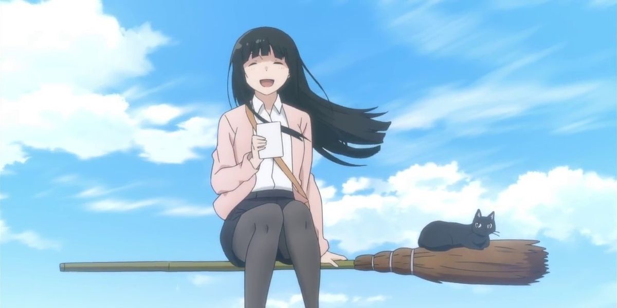 Flying Witch Makoto on a broom with a black cat