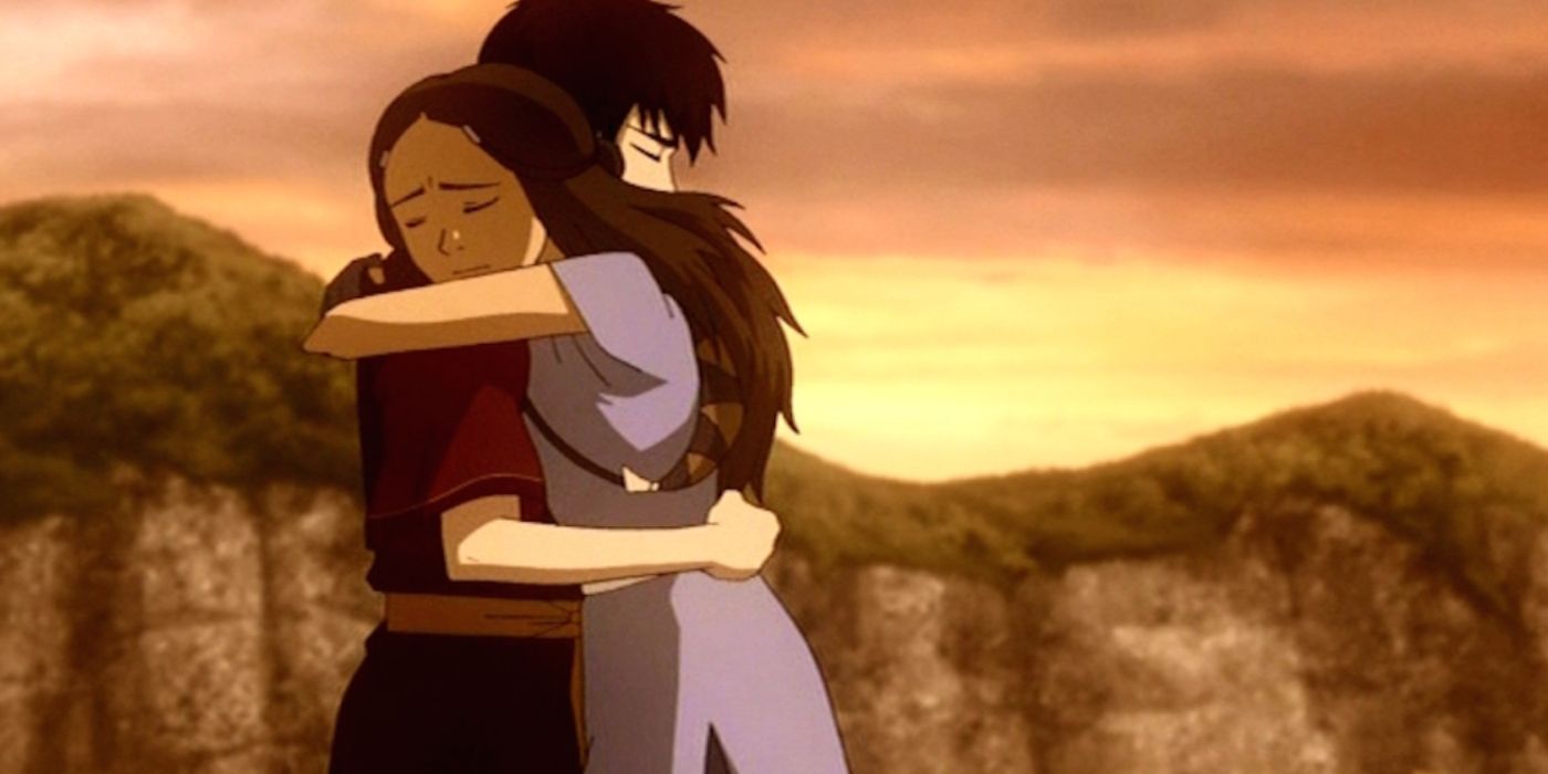 Katara and Zuko hugging against a mountainous backdrop at sunset in Avatar: The Last Airbender
