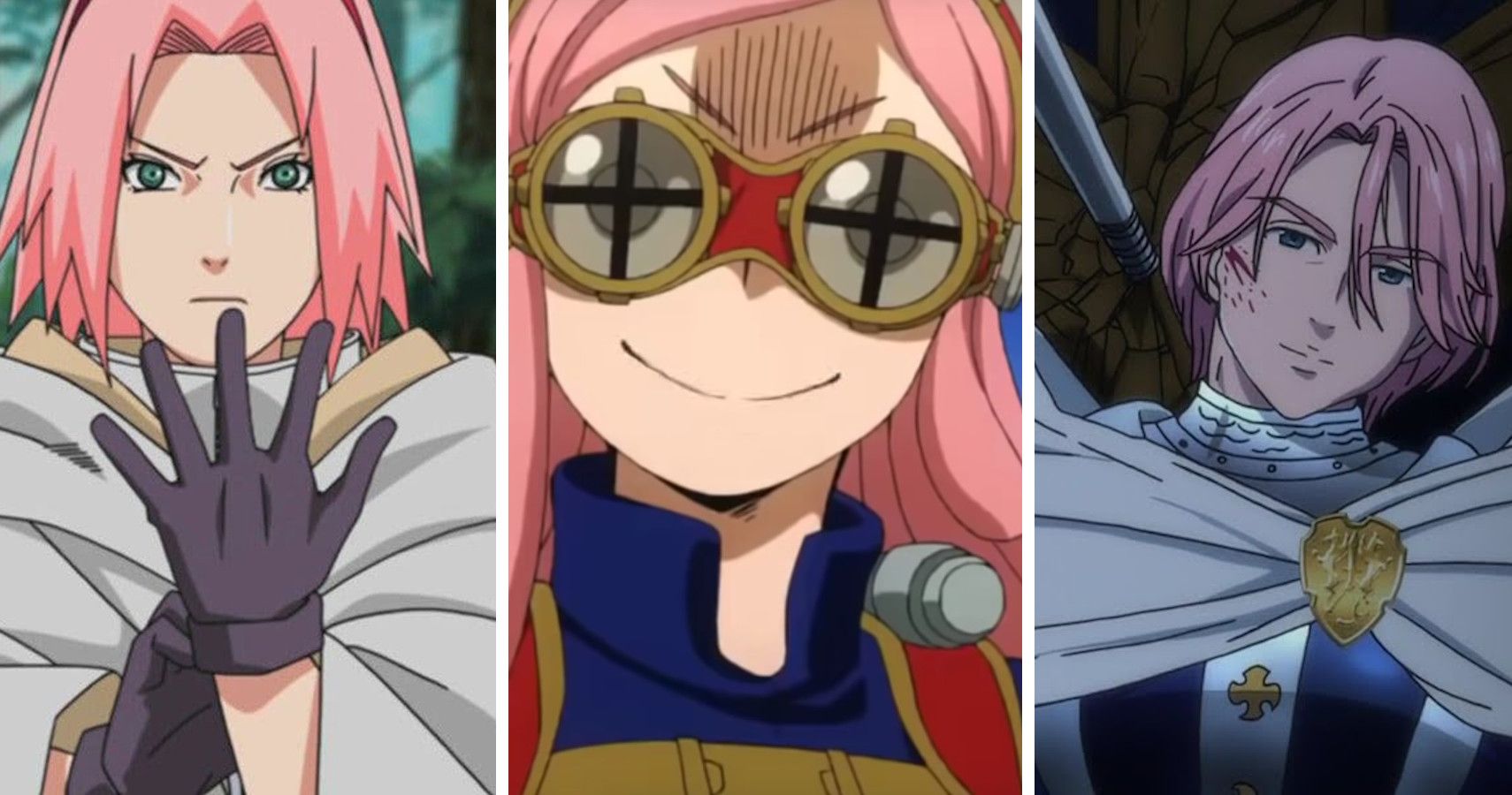 Anime boy character with light blue hair and red eyes smiling