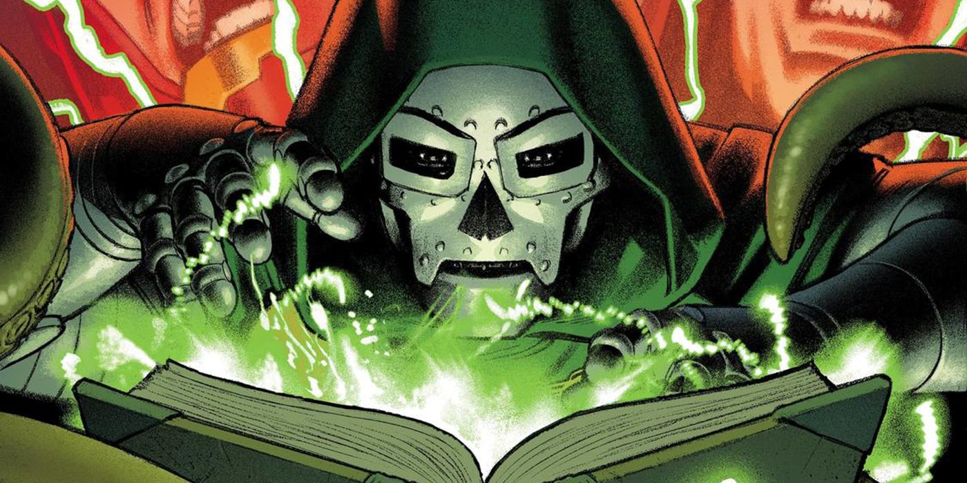 Doctor Doom reading The Darkhold in Marvel Comics