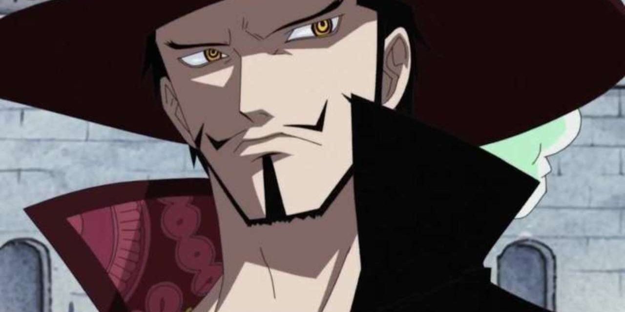 Dracule Mihawk glaring off-screen during the events of One Piece.