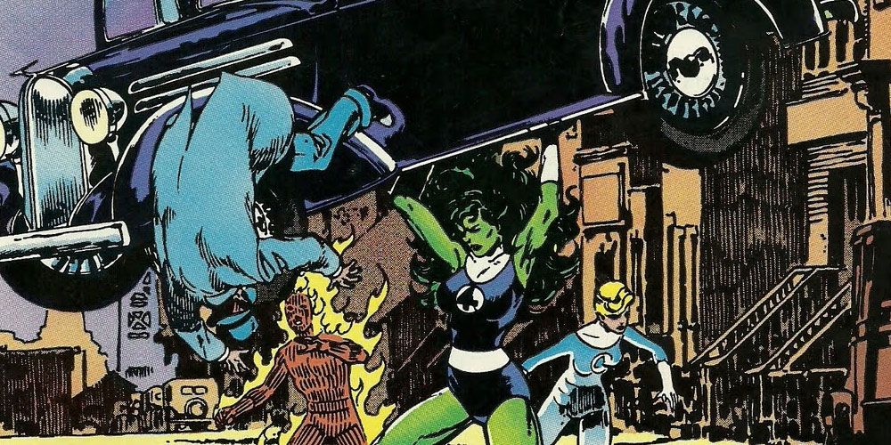 She-Hulk levanta carro com o Quarteto Fantástico
