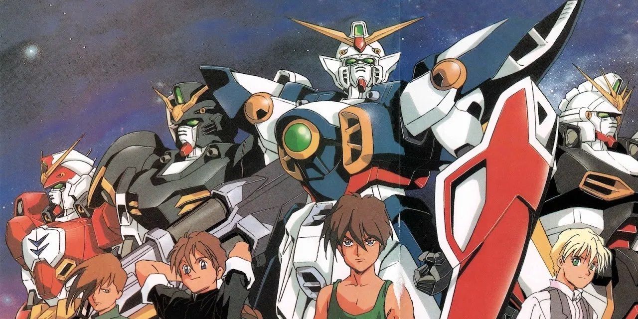 Mobile Suit Gundam Wing (1995-1996); characters and mechas posing.