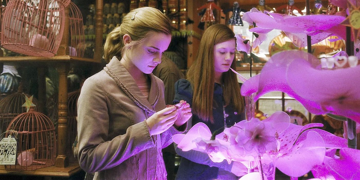 Hermione e Gina olhando poções do amor em Harry Potter
