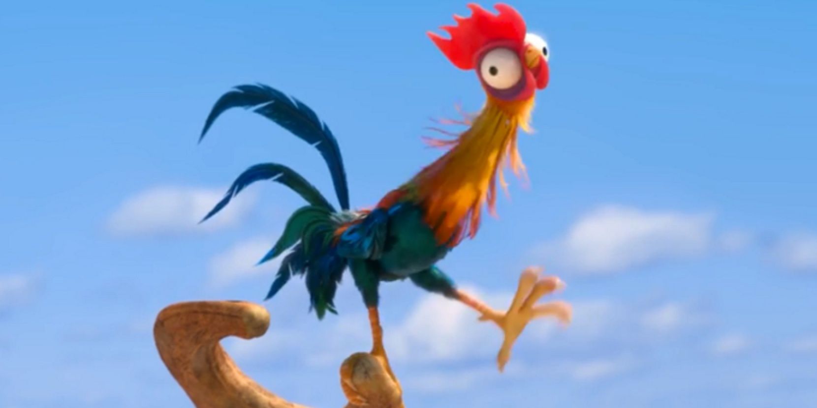 Hei Hei walks off a perch, unaware of his impending fall in Moana