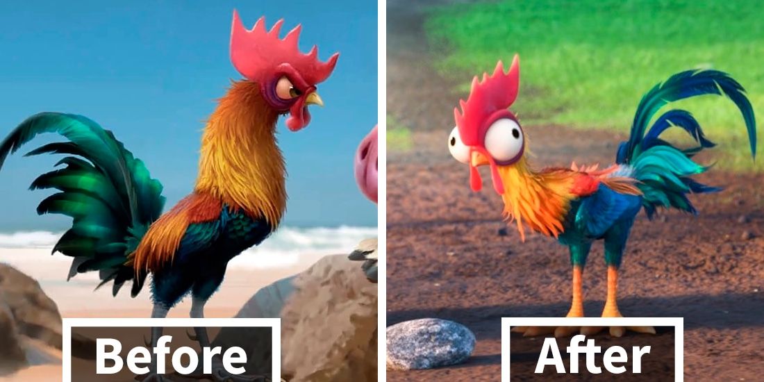 Split before and after images of Hei Hei show one showing an angry and intelligent Hei Hei and one showing the Hei Hei that ended up in Moana