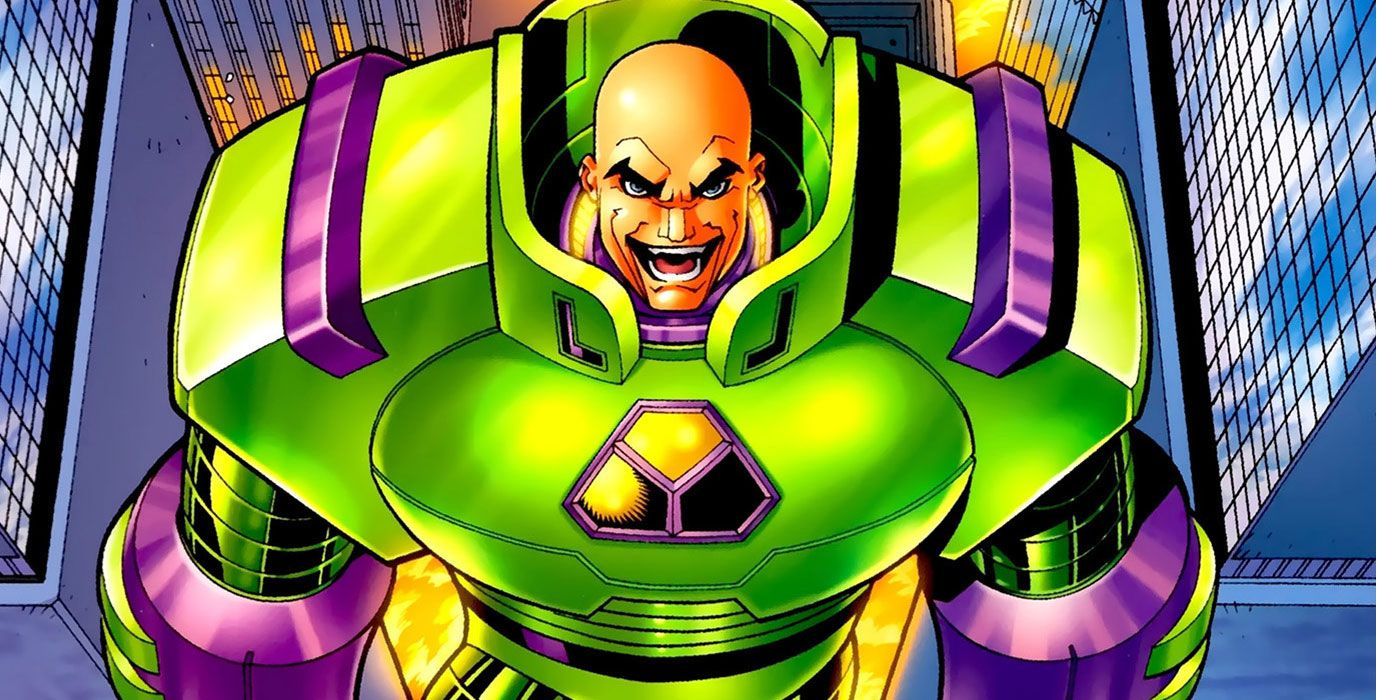 DC Comics' Lex Luthor's laughining maniacally in his warsuit