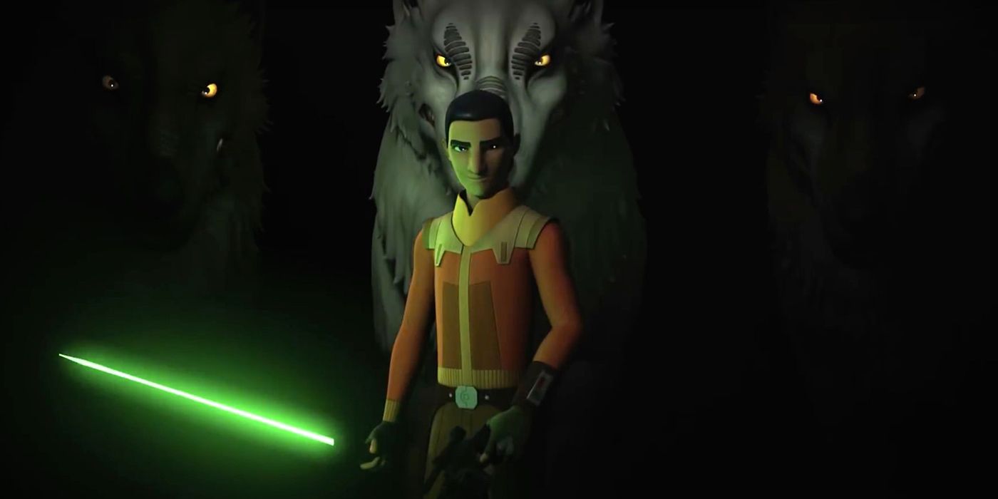 Ezra Bridger holds a green lightsaber while standing in front of a loth-wolf in Star Wars Rebels