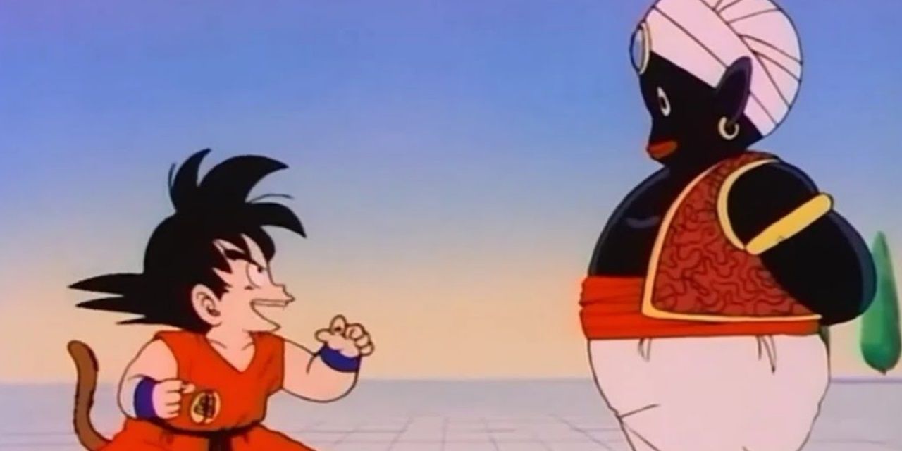 Kid Goku spars with Mr. Popo on Kami's Lookout