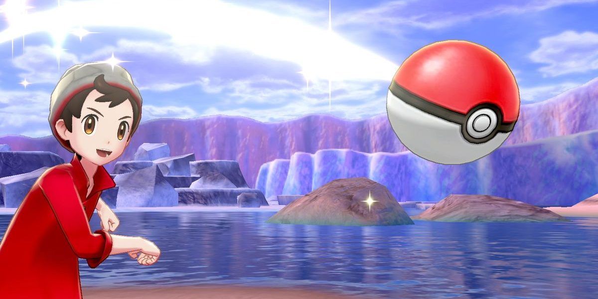 The player character throws a Pokeball in Pokémon Sword & Shield.