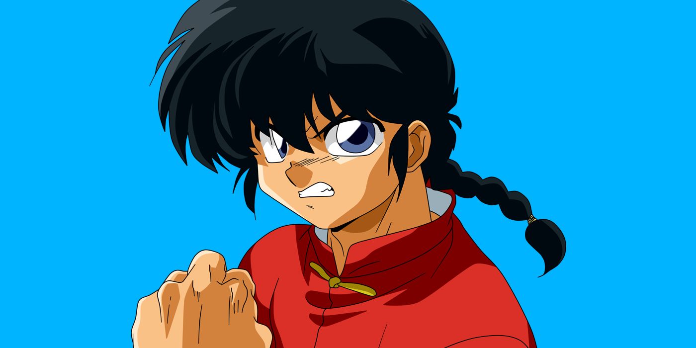 Ranma Saotome de Ranma 1/2 está fazendo uma careta feroz.