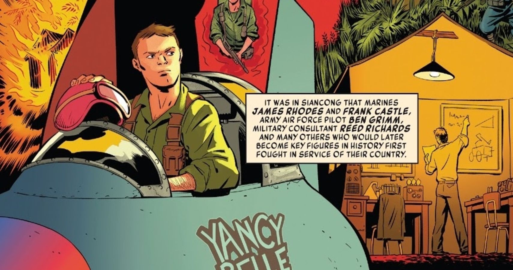 Air Force pilot Ben Grimm in plane and Reed Richards working military intelligence