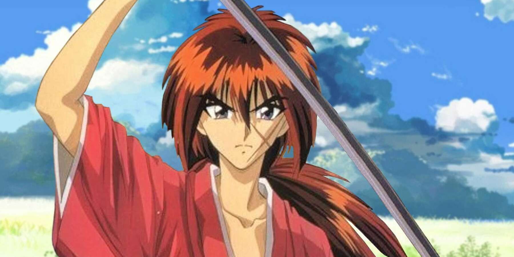 Kenshin drawing his sword against a darkly clouded sky