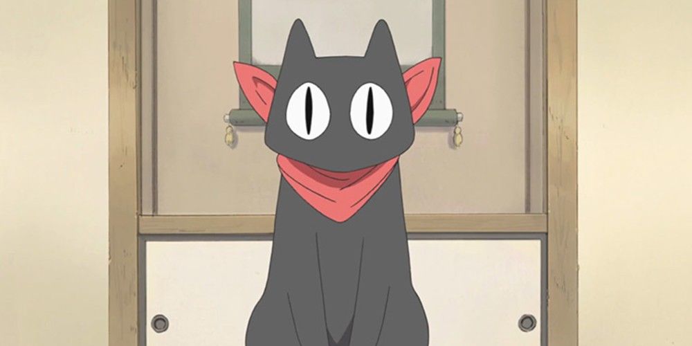 the black cat Sakamoto wearing a red scarf from the anime Nichijou