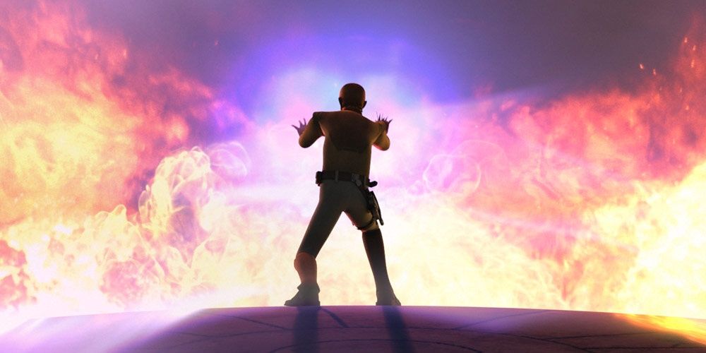 Kanan Jarrus uses a shield to protect himself from a blast